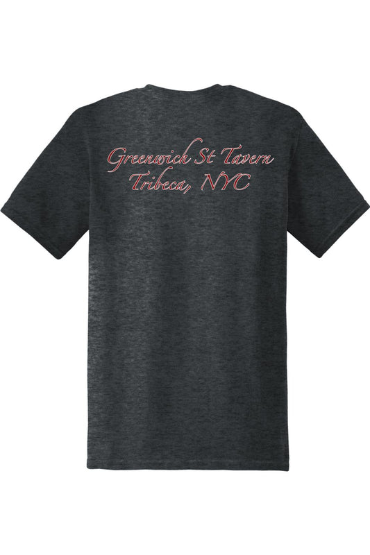 Charcoal grey cotton t-shirt featuring red and white Greenwich St Tavern Tribeca, NYC text on the back.