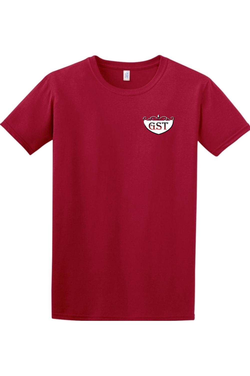 Soft red cotton crewneck T-shirt featuring a decorative GST crest logo on the left chest.