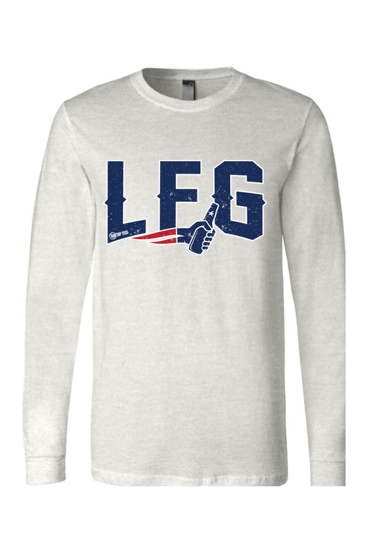 Ash grey long sleeve cotton t-shirt with navy blue LFG graphic and a hand holding a beer bottle.