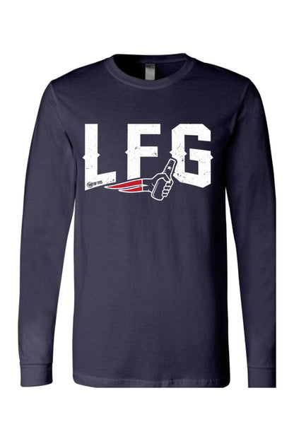 Navy blue long sleeve cotton t-shirt featuring a white distressed LFG graphic with a hand holding a bottle.