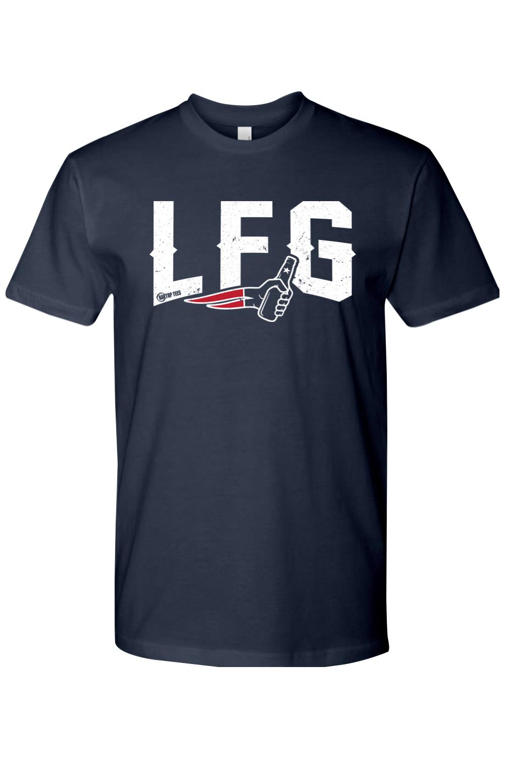 Navy blue cotton men's t-shirt featuring a white distressed LFG graphic with a beer bottle and sports-themed logo.
