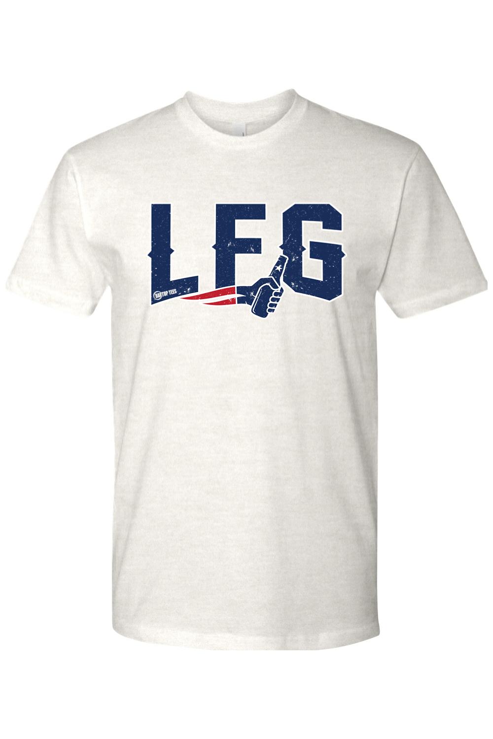 Oatmeal-colored 100% cotton men's t-shirt featuring a distressed blue LFG graphic with a beer bottle hand design.