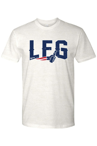 Oatmeal-colored 100% cotton men's t-shirt featuring a distressed blue LFG graphic with a beer bottle hand design.