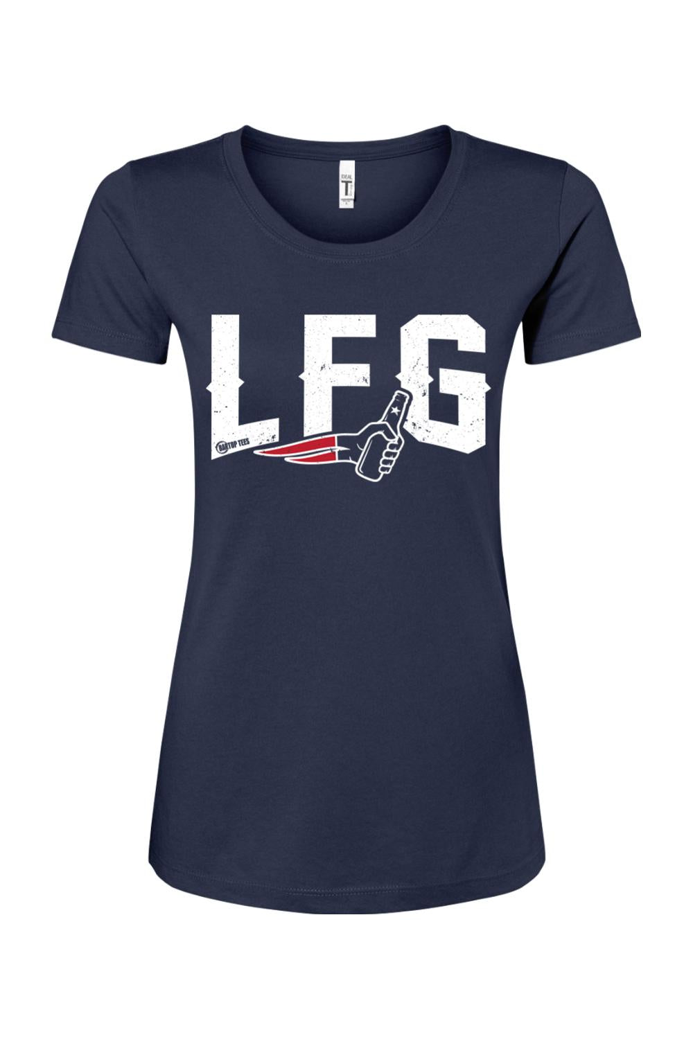 Navy blue women's cotton blend t-shirt featuring white distressed LFG text and a football-themed graphic.