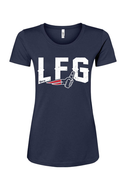 Navy blue women's cotton blend t-shirt featuring white distressed LFG text and a football-themed graphic.