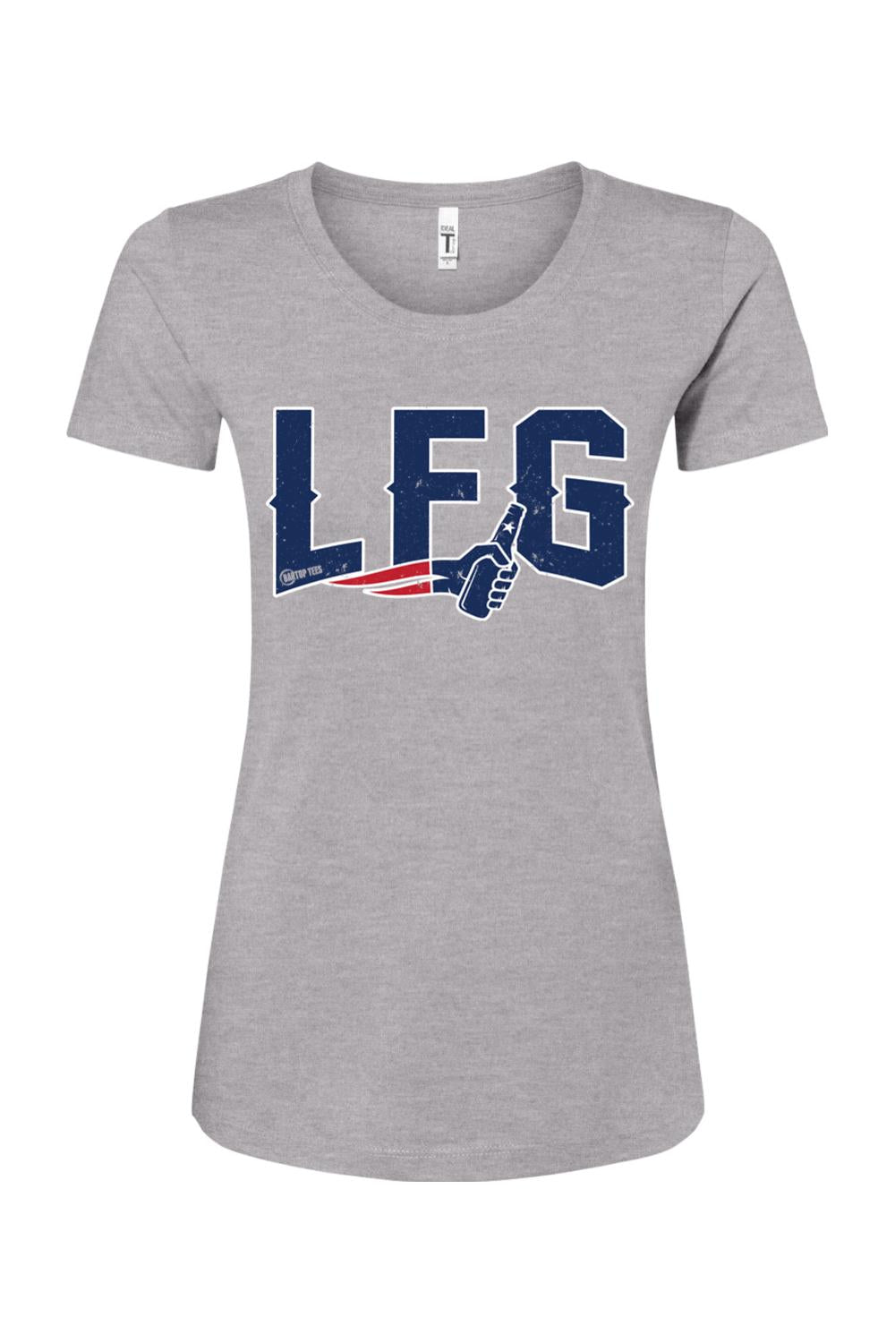 Women's heather grey cotton blend t-shirt with navy blue LFG graphic and a beer bottle hand design.