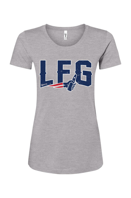 Women's heather grey cotton blend t-shirt with navy blue LFG graphic and a beer bottle hand design.