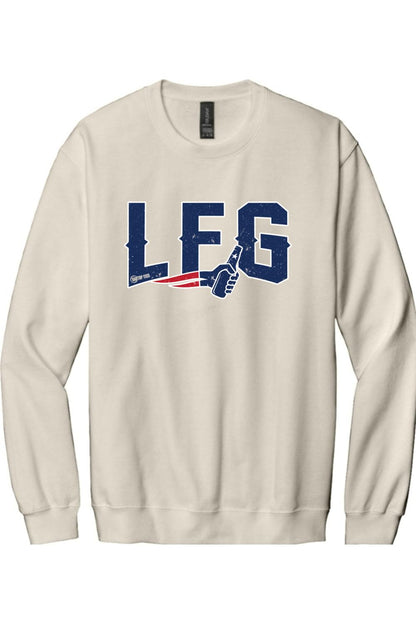 Beige crewneck sweatshirt featuring a navy blue LFG graphic with a hand holding a beer bottle.
