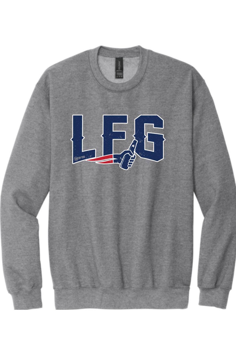 Grey crewneck sweatshirt featuring navy blue LFG text with a beer bottle graphic and red, white, and blue accents.