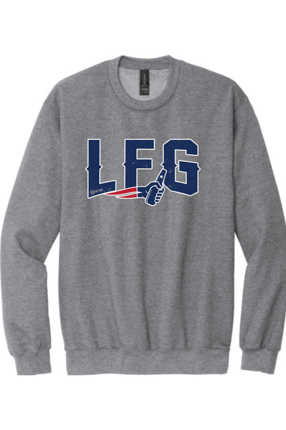 Grey crewneck sweatshirt featuring navy blue LFG text with a beer bottle graphic and red, white, and blue accents.