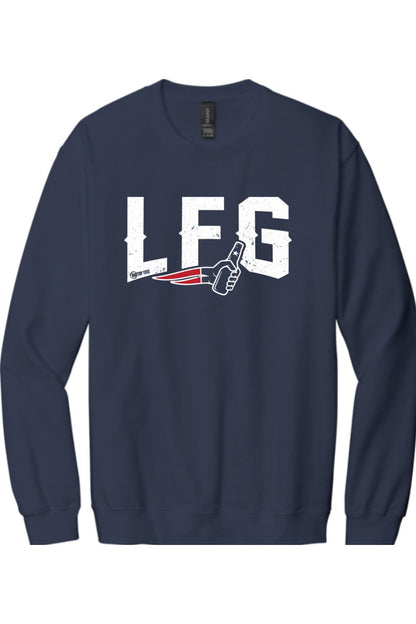 Navy blue crewneck sweatshirt featuring a white distressed LFG graphic with a beer bottle and sports-themed logo.