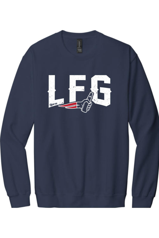 Navy blue crewneck sweatshirt featuring a white distressed LFG graphic with a beer bottle and sports-themed logo.