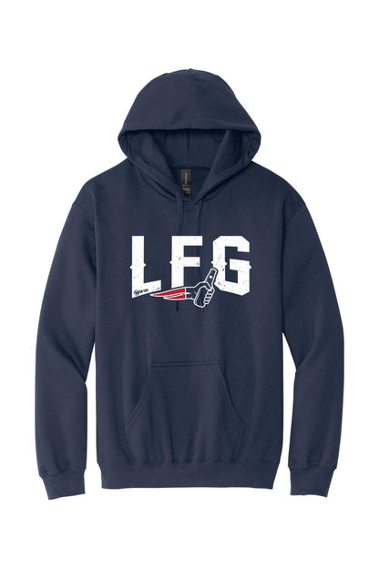 Navy blue men's pullover hoodie with LFG graphic, drawstring hood, and front pouch pocket.