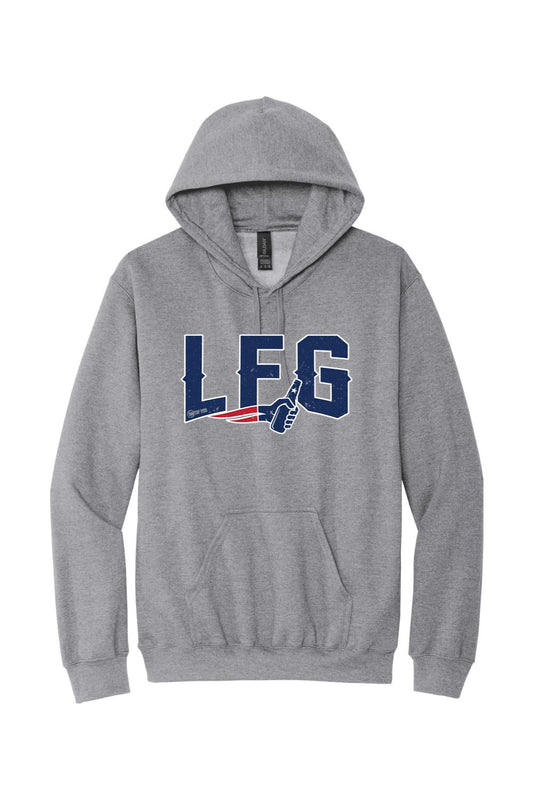 Sport grey men's hoodie with LFG graphic, jersey-lined hood, and front pouch pocket.