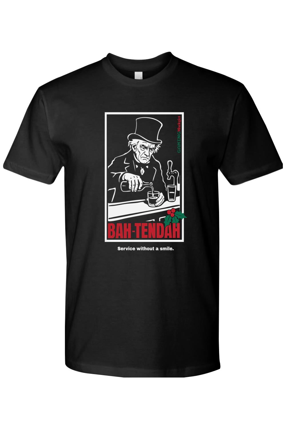 Black cotton t-shirt featuring a grumpy bartender graphic with the text BAH-TENDAH and Service without a smile.