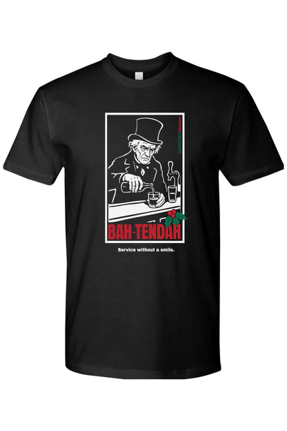 Black cotton t-shirt featuring a grumpy bartender graphic with the text BAH-TENDAH and Service without a smile.