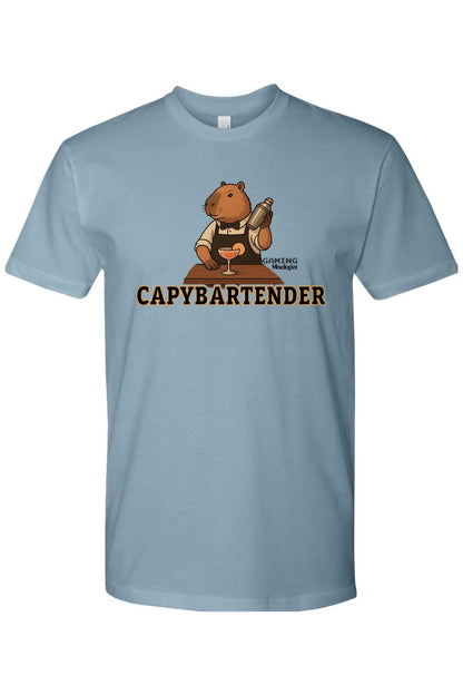 Light blue cotton t-shirt featuring a capybara bartender graphic with the text CAPYBARTENDER and Gaming Mixologist.