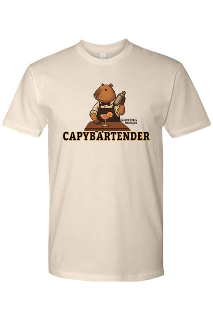 Cream-colored cotton t-shirt featuring a capybara bartender graphic with a cocktail shaker and the text CAPYBARTENDER.