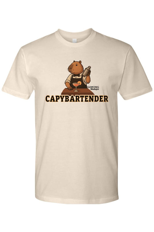 Cream-colored cotton t-shirt featuring a capybara bartender graphic with a cocktail shaker and the text CAPYBARTENDER.