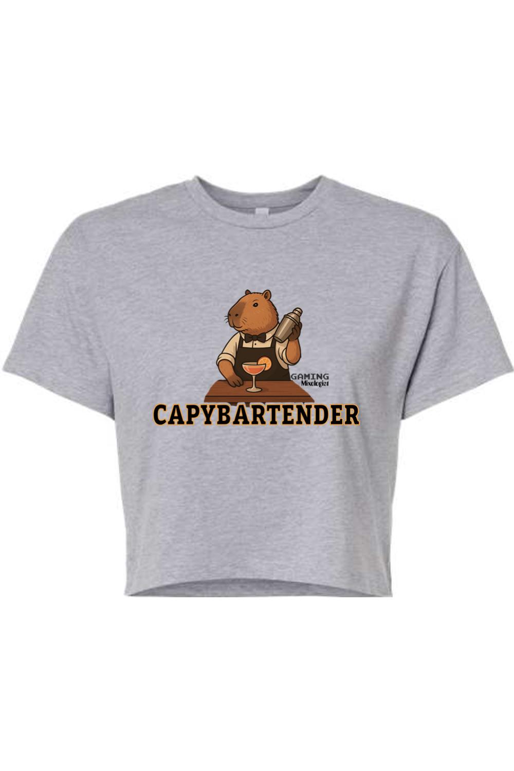 Grey women's crop top featuring a capybara bartender graphic with a cocktail shaker and the text CAPYBARTENDER.