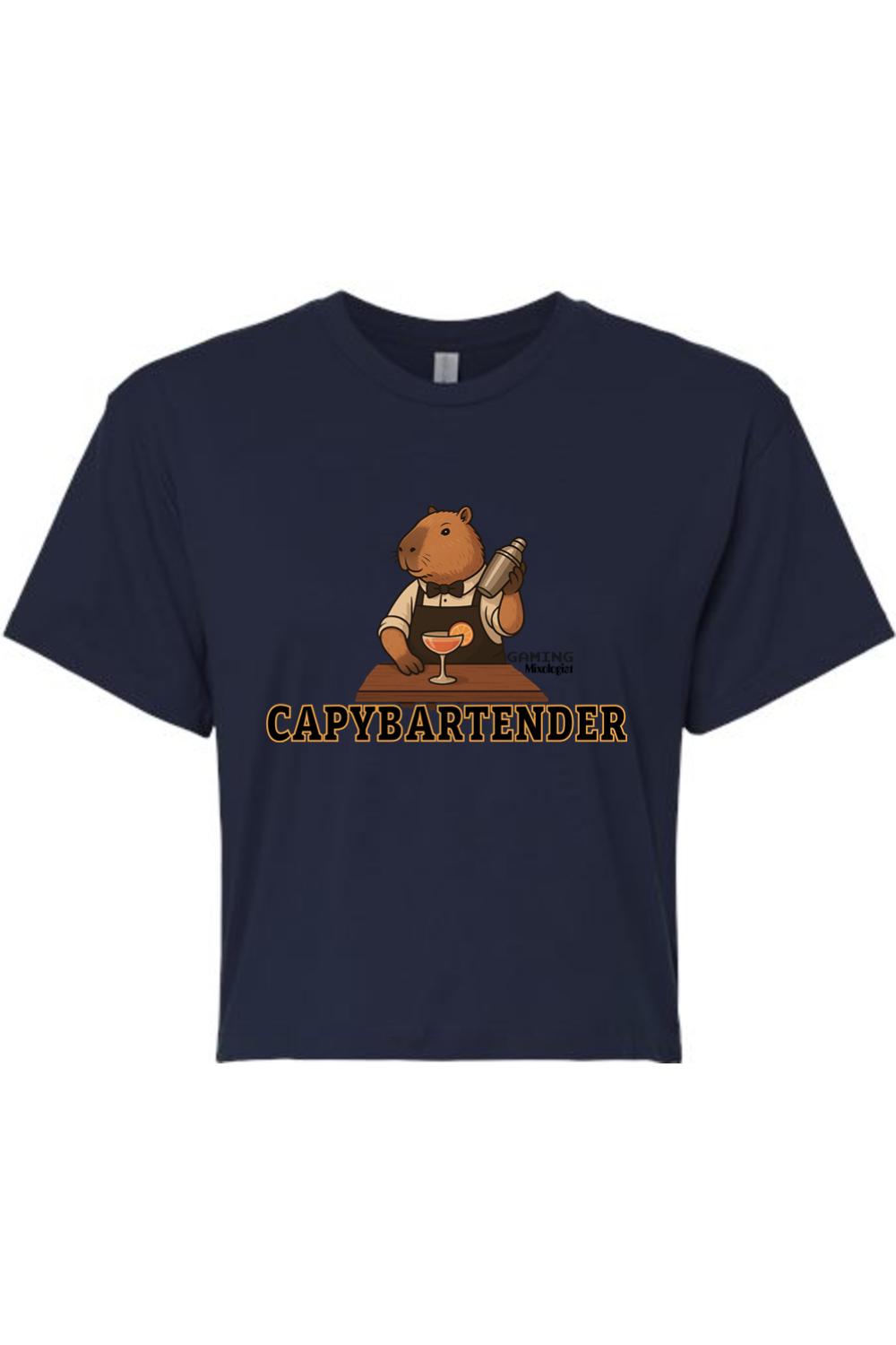Navy blue women's crop top featuring a capybara bartender graphic with the text CAPYBARTENDER in bold letters.