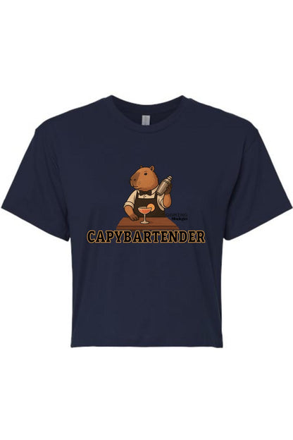 Navy blue women's crop top featuring a capybara bartender graphic with the text CAPYBARTENDER in bold letters.