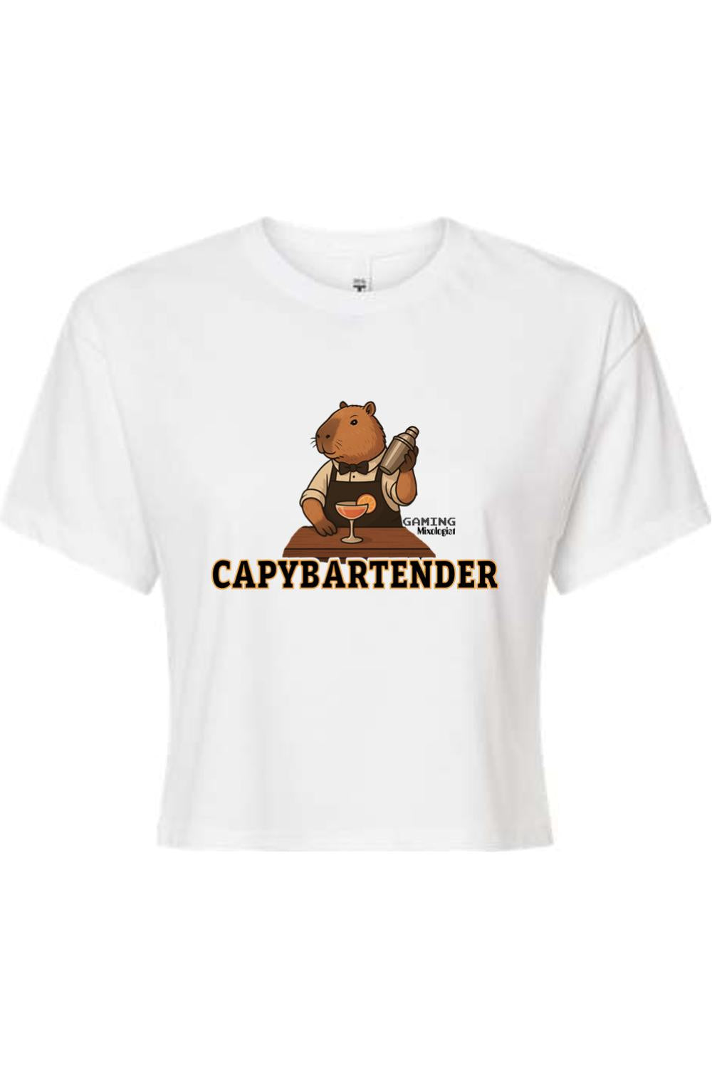 White women's crop top featuring a capybara bartender graphic with a cocktail shaker and the text CAPYBARTENDER.