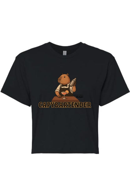 Black women's crop top featuring a capybara bartender graphic and the text Capybartender in yellow font.