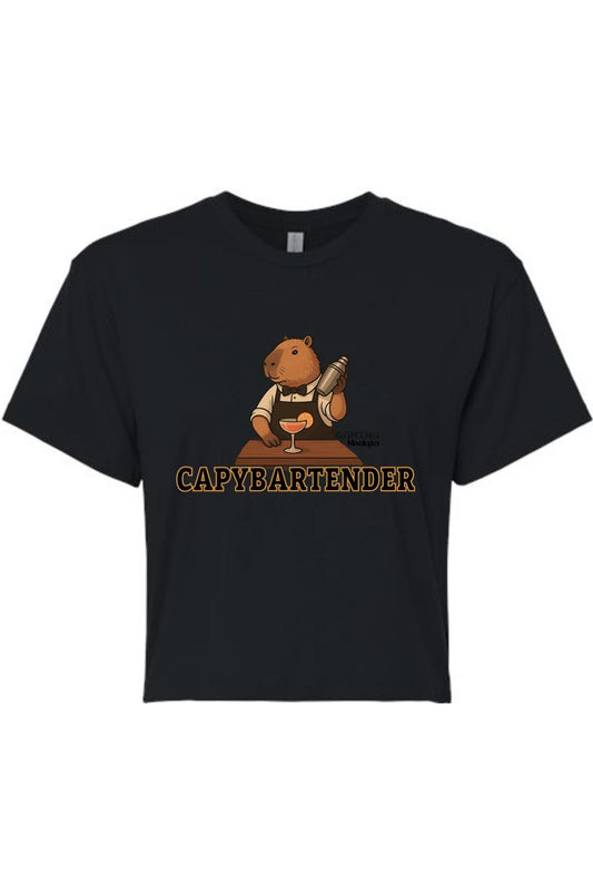 Black women's crop top featuring a capybara bartender graphic and the text Capybartender in yellow font.
