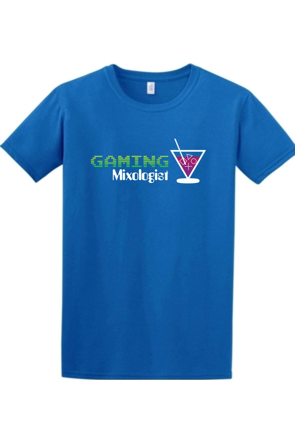 Blue cotton crew neck t-shirt featuring a white Gaming Mixologist logo with a cocktail glass and gaming controller icons.