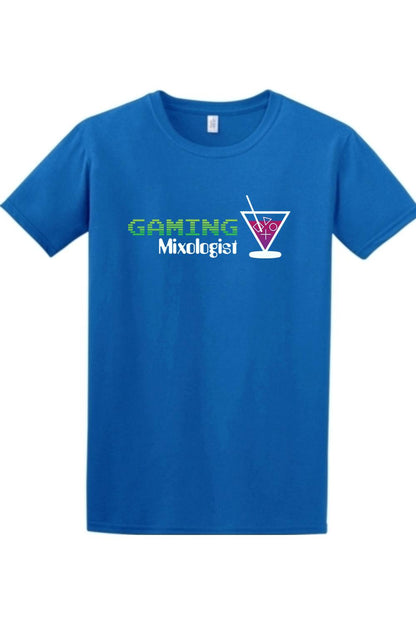 Blue cotton crew neck t-shirt featuring a white Gaming Mixologist logo with a cocktail glass and gaming controller icons.