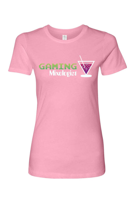 Soft pink women's cotton t-shirt featuring a green pixelated Gaming Mixologist logo and a cocktail glass graphic.