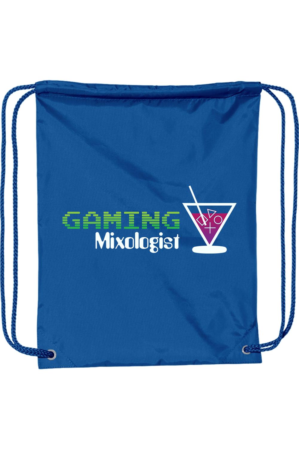 Blue 210D nylon drawstring backpack featuring the white Gaming Mixologist logo and matching blue DUROcord straps.