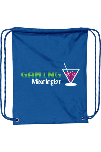 Blue 210D nylon drawstring backpack featuring the white Gaming Mixologist logo and matching blue DUROcord straps.