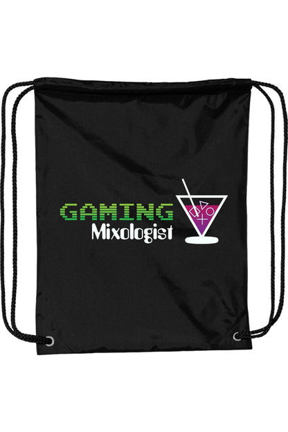 Black nylon drawstring backpack featuring the Gaming Mixologist logo and a cocktail glass icon with gaming symbols.