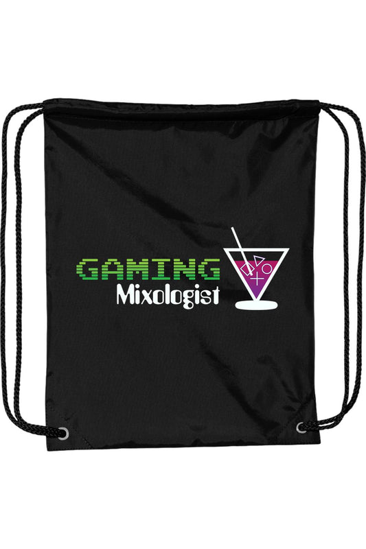 Black nylon drawstring backpack featuring the Gaming Mixologist logo and a cocktail glass icon with gaming symbols.