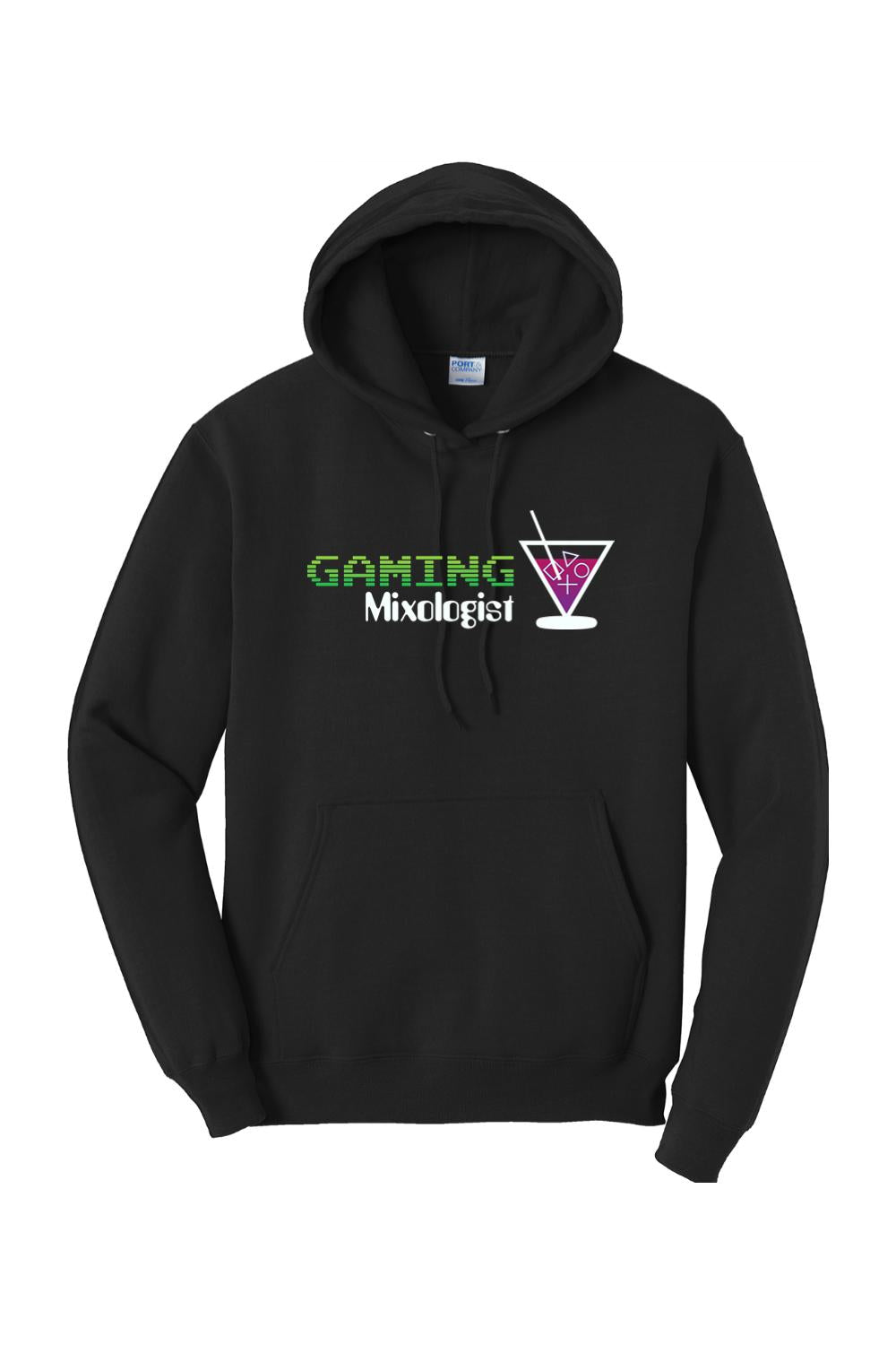 Black fleece hoodie featuring the Gaming Mixologist logo and a martini glass icon with gaming controller symbols.