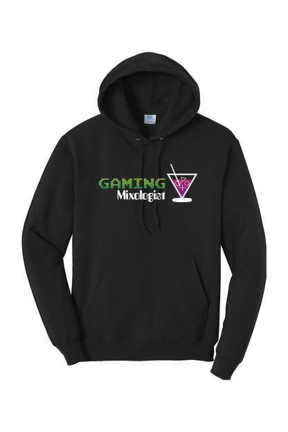 Black fleece hoodie featuring the Gaming Mixologist logo and a martini glass icon with gaming controller symbols.