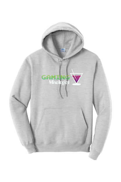 Light grey unisex fleece hoodie featuring the Gaming Mixologist logo and a cocktail glass graphic on the chest.