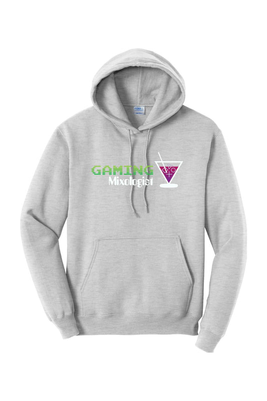 Light grey unisex fleece hoodie featuring the Gaming Mixologist logo and a cocktail glass graphic on the chest.