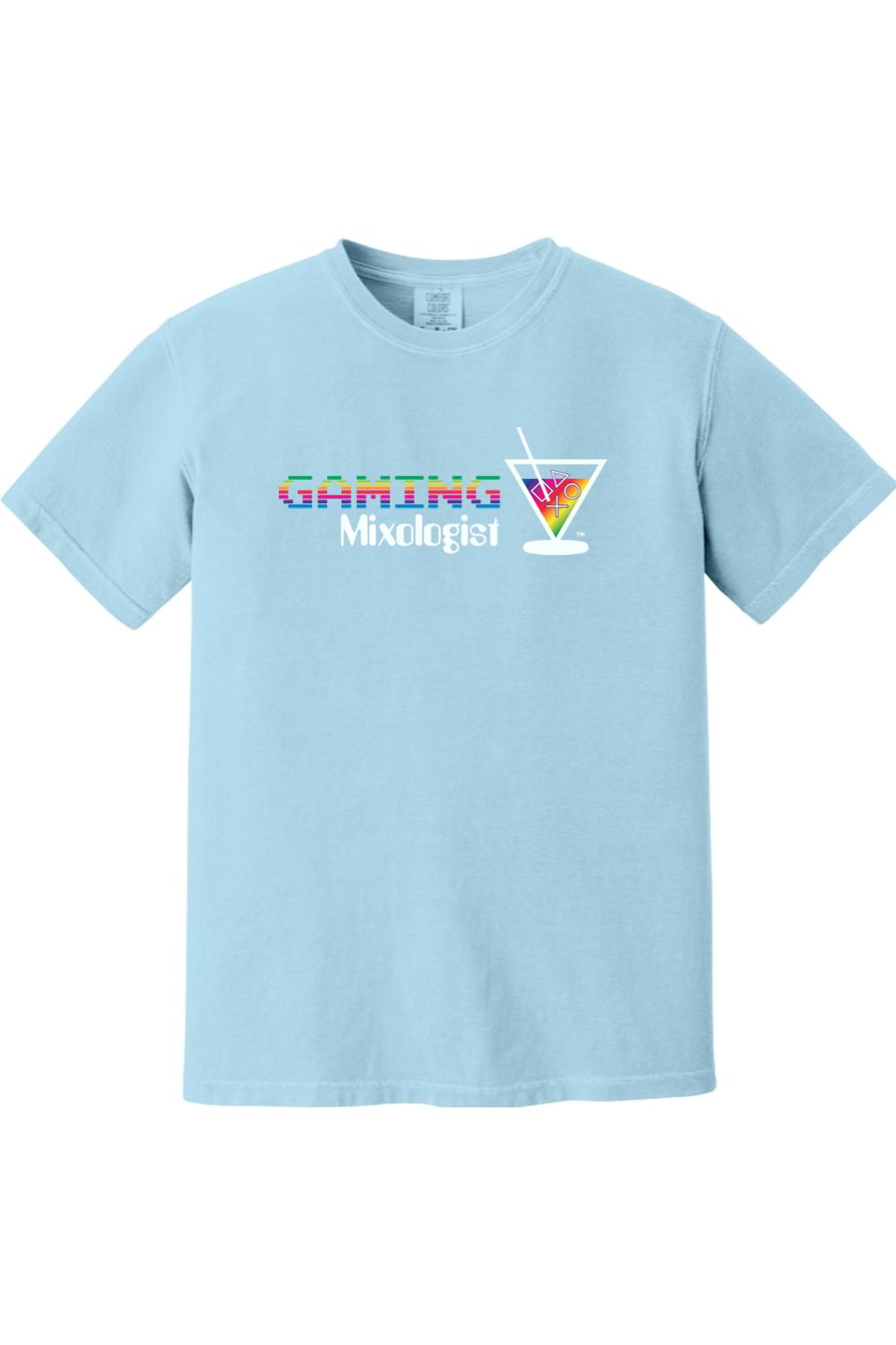 Light blue Comfort Colors cotton t-shirt with a rainbow Gaming Mixologist graphic featuring a martini glass icon.