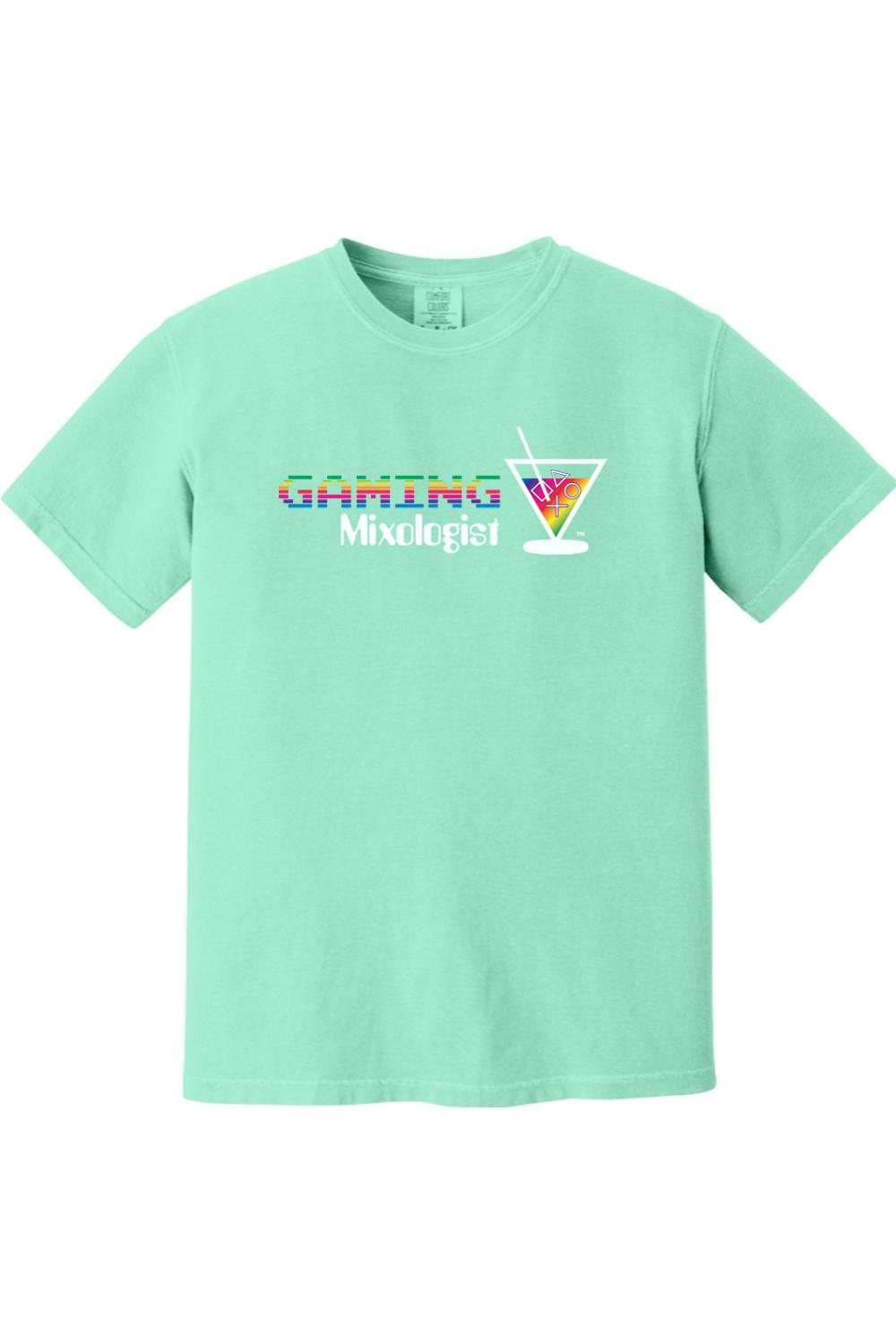 Mint green Comfort Colors cotton t-shirt with a colorful Gaming Mixologist graphic featuring a martini glass icon.