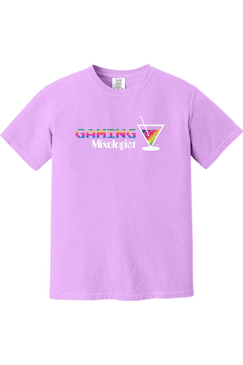 Light purple Comfort Colors cotton t-shirt with a rainbow Gaming Mixologist graphic featuring a gaming controller martini.