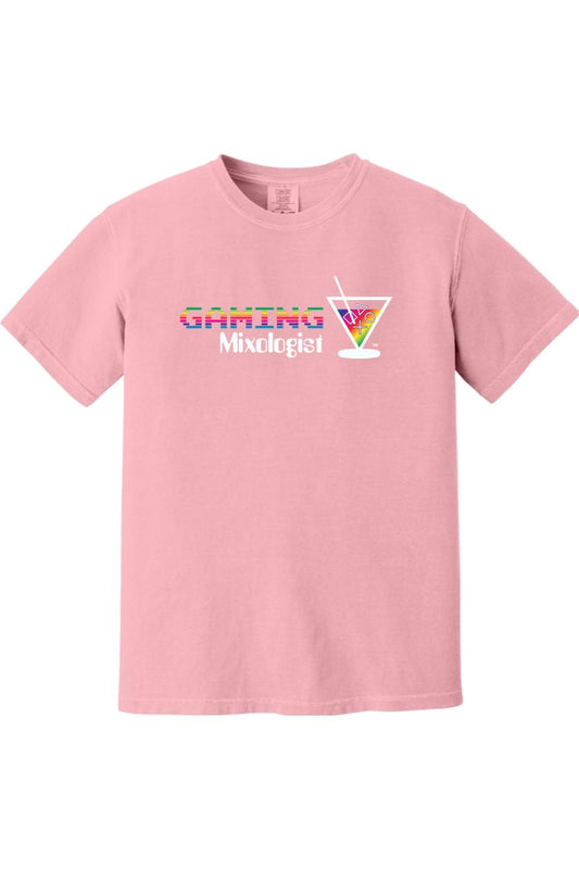 Light pink Comfort Colors cotton t-shirt featuring a Gaming Mixologist graphic with a rainbow pixelated logo.