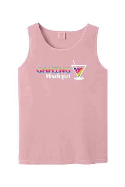 Light pink Comfort Colors tank top featuring a rainbow Gaming Mixologist graphic with a martini glass icon.