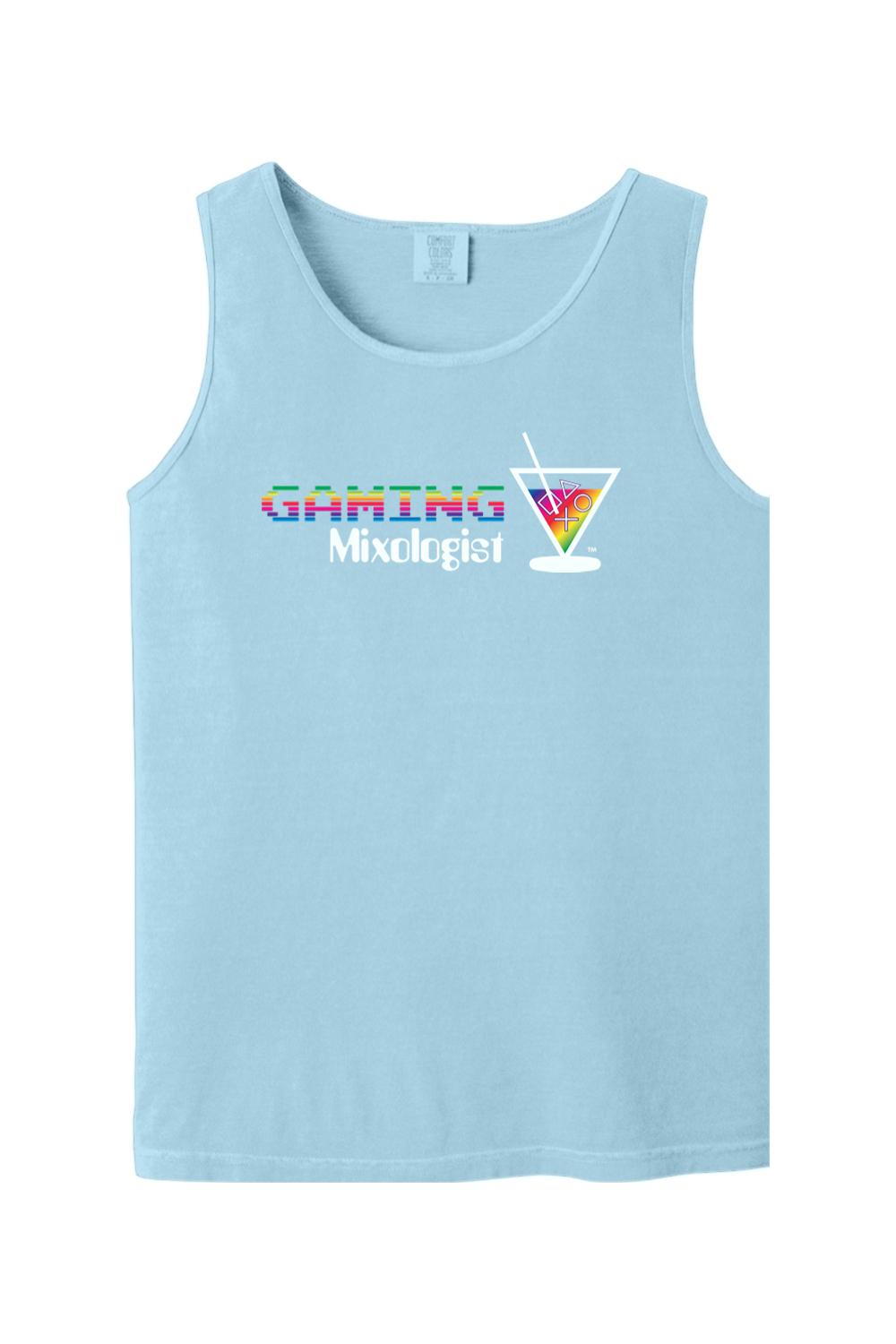 Light blue Comfort Colors tank top featuring a rainbow Gaming Mixologist graphic with a martini glass icon.