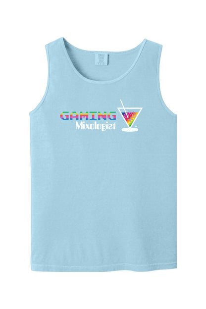 Light blue Comfort Colors tank top featuring a rainbow Gaming Mixologist graphic with a martini glass icon.