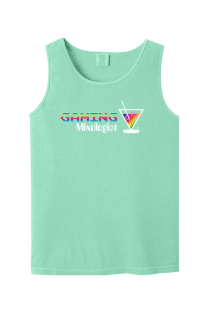 Mint green Comfort Colors tank top featuring a rainbow Gaming Mixologist graphic with a martini glass icon.