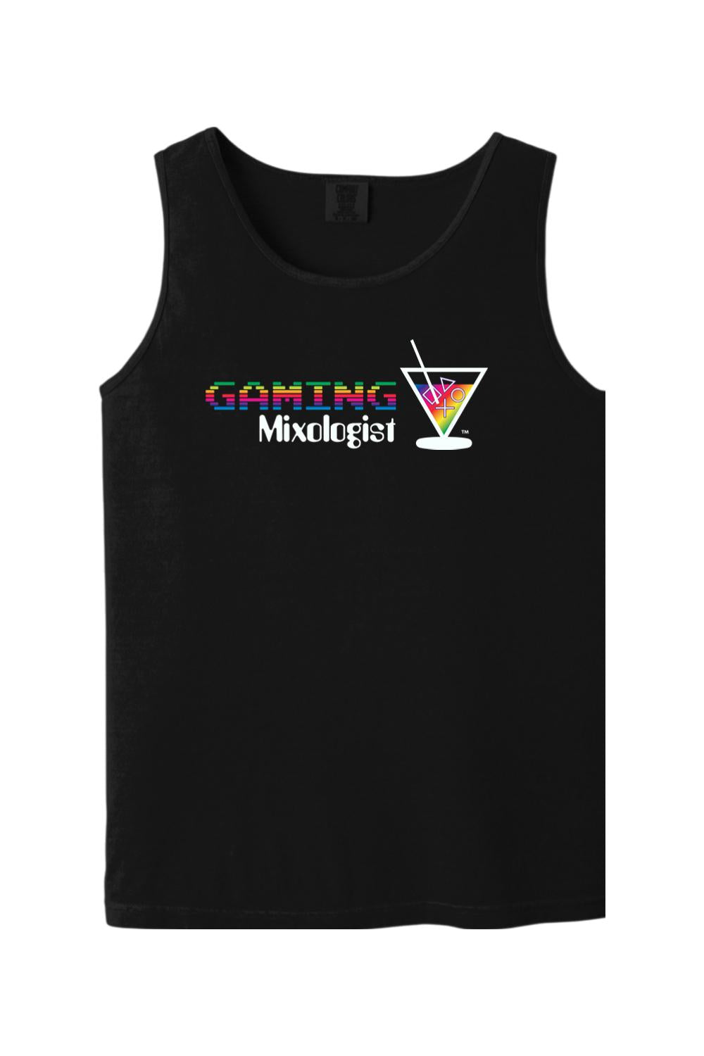 Black Comfort Colors tank top featuring a rainbow Gaming Mixologist graphic with a gaming-themed martini glass.