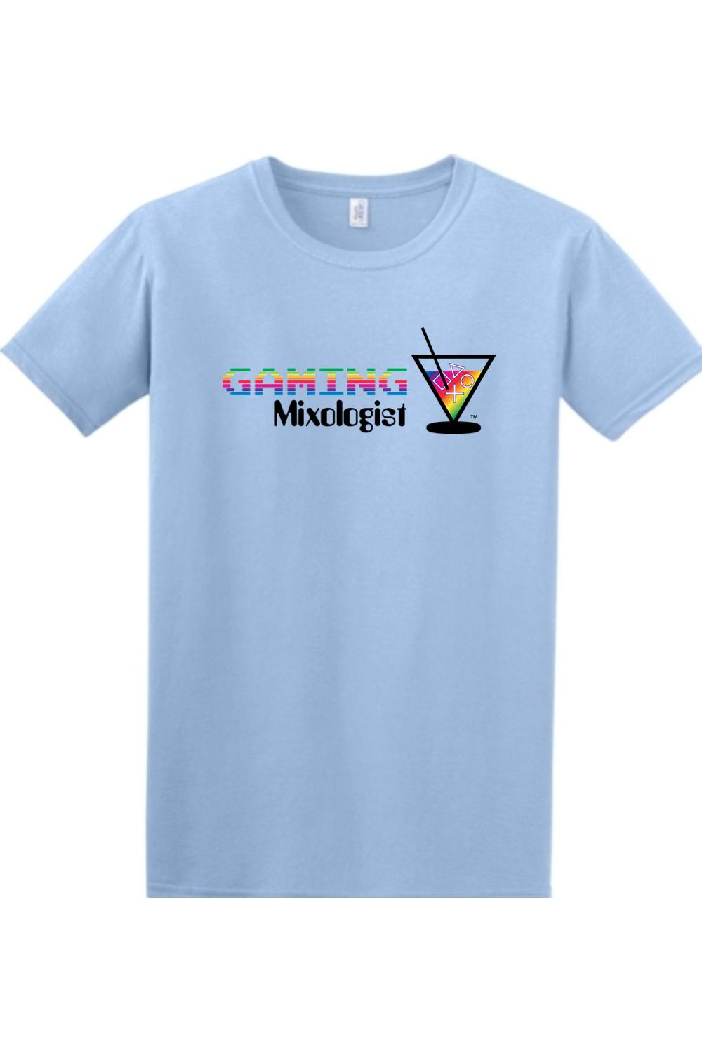 Light blue cotton crewneck t-shirt featuring a rainbow pixelated Gaming Mixologist logo with a martini glass icon.